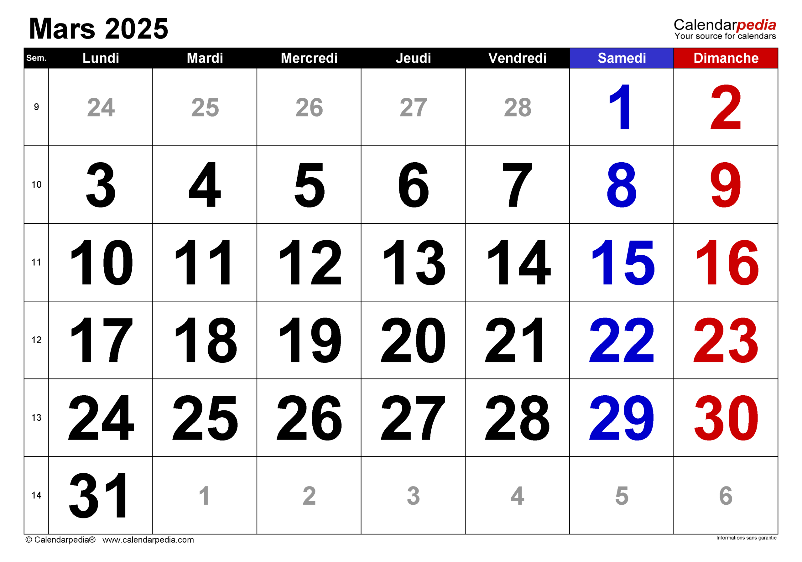 Calendrier Mars 2025 Excel, Word Et Pdf - Calendarpedia | Mars 2025 Calendrier