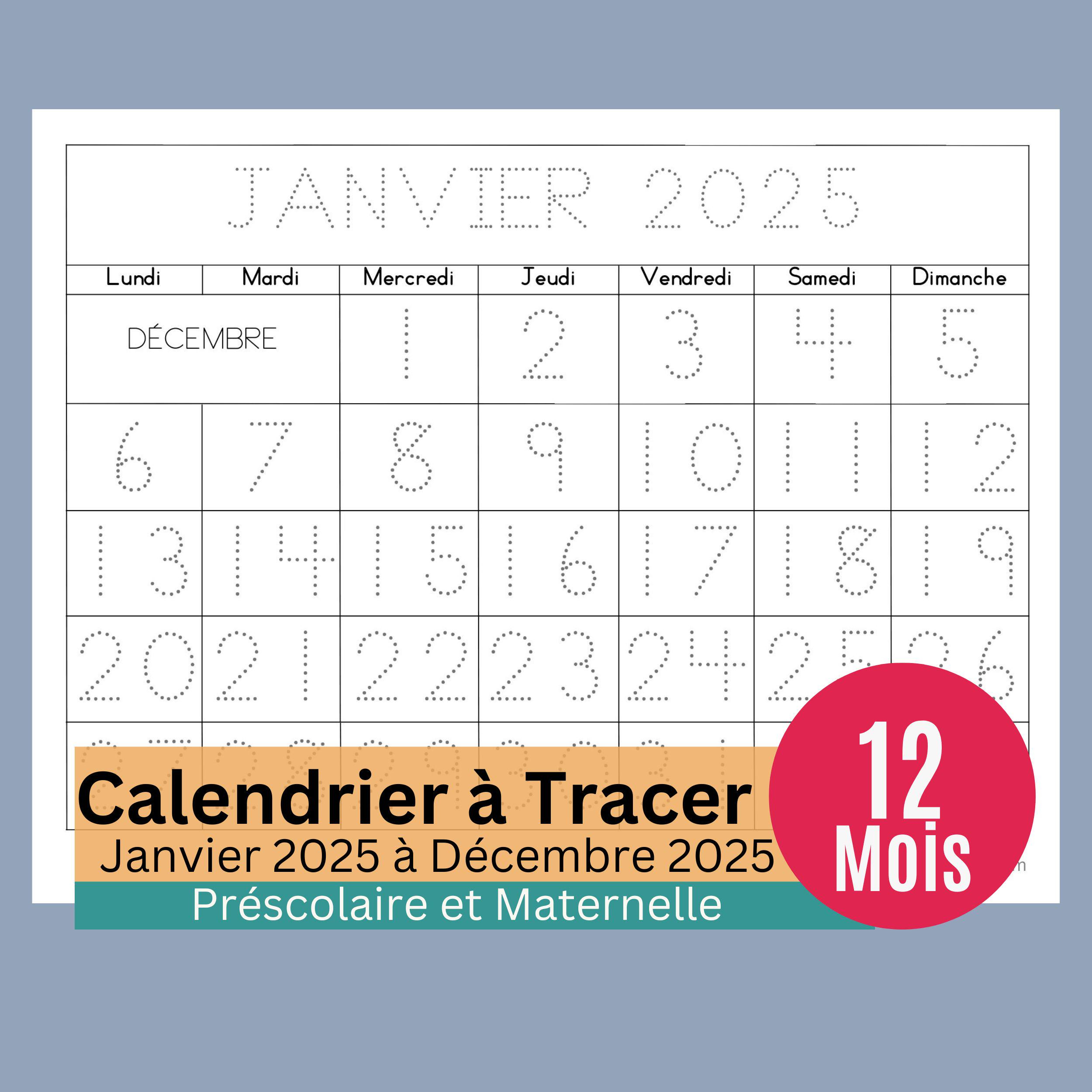 Calendrier Mensuel Imprimable Pour Enfants 2025 Avec Chiffres En | Calendrier Janvier 2025 Maternelle