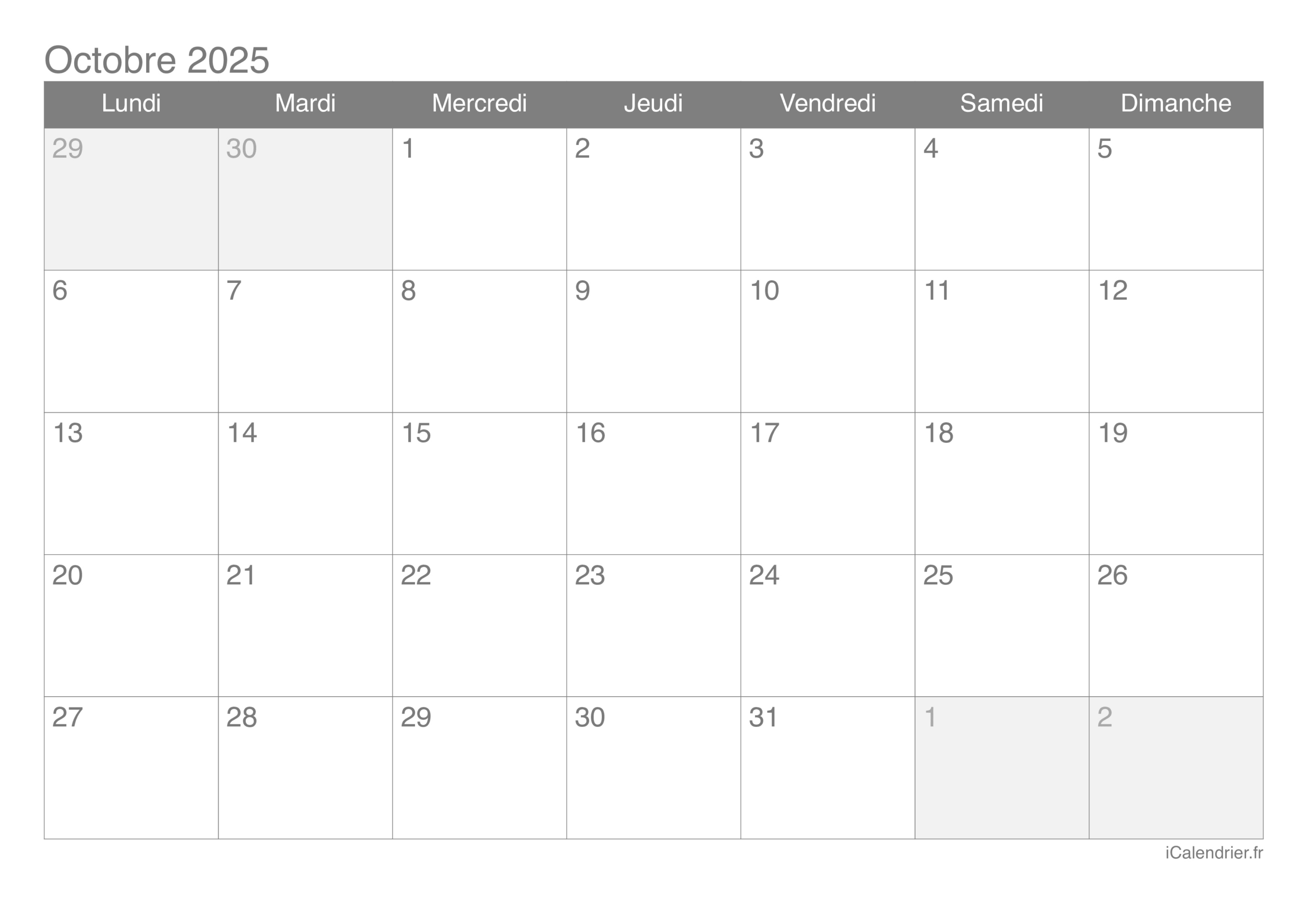 Calendrier Octobre 2025 À Imprimer | Calendrier Octobre 2025