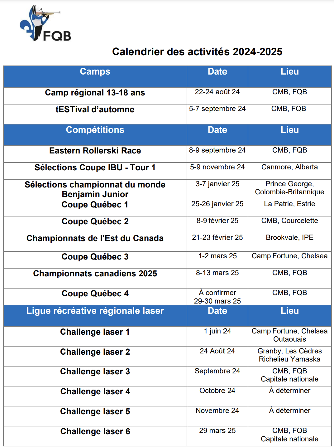 Calendrier Prévisionnel 2024-2025 - Fédération Québécoise De Biathlon | Calendrier Biathlon 2024 2025