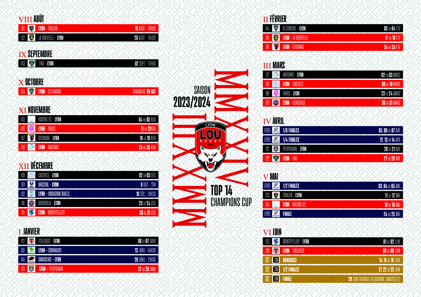 Calendrier Saison 2023/2024 | Lou Rugby | Calendrier Lou Rugby 2024 2025