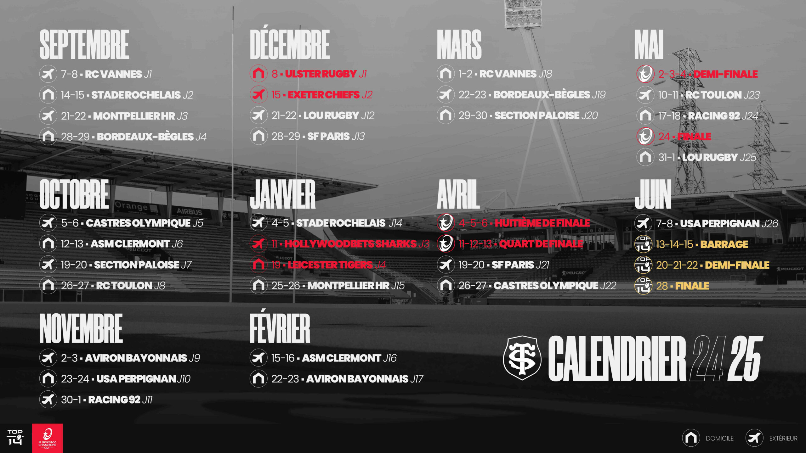 Calendrier Saison 2024-2025 | Stade Toulousain | Calendrier Champions Cup 2025