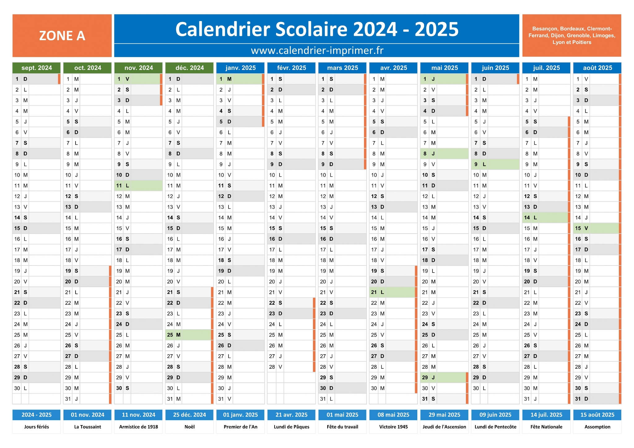 Calendrier Scolaire 2024-2025 À Imprimer | 2024 Calendrier 2025 Avec Jours Fériés Vacances Scolaires À Imprimer