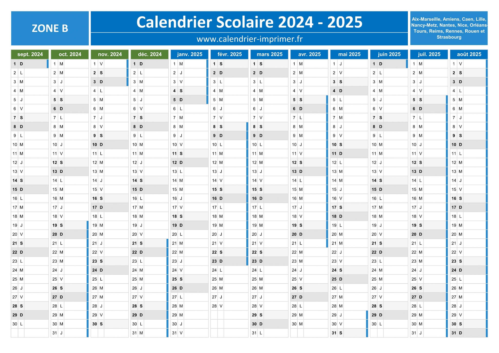 Calendrier Scolaire 2024-2025 À Imprimer | 2024 Calendrier 2025 Vacances Scolaires