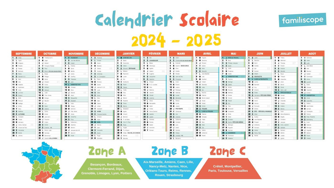 Calendrier Scolaire 2024-2025 À Imprimer Avec Zones A, B, C | 2024 Calendrier 2025 Avec Jours Fériés Vacances Scolaires à Imprimer