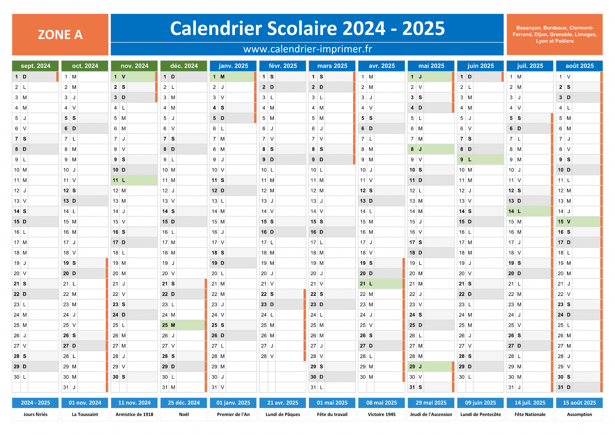 Calendrier Scolaire 2024-2025 À Imprimer | Calendrier 2024 2025 Avec Jours Fériés