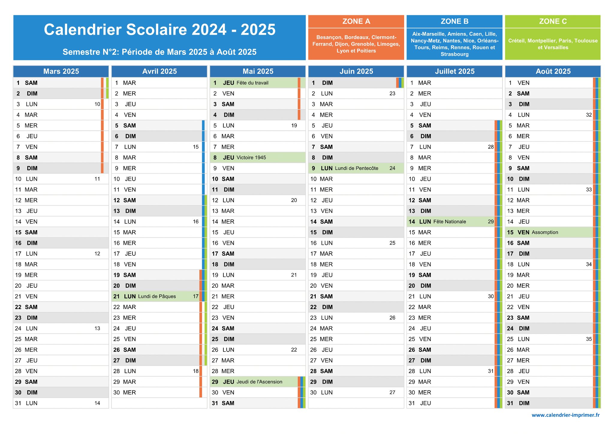 Calendrier Scolaire 2024-2025 À Imprimer | Calendrier 2024 2025 Avec Semaine