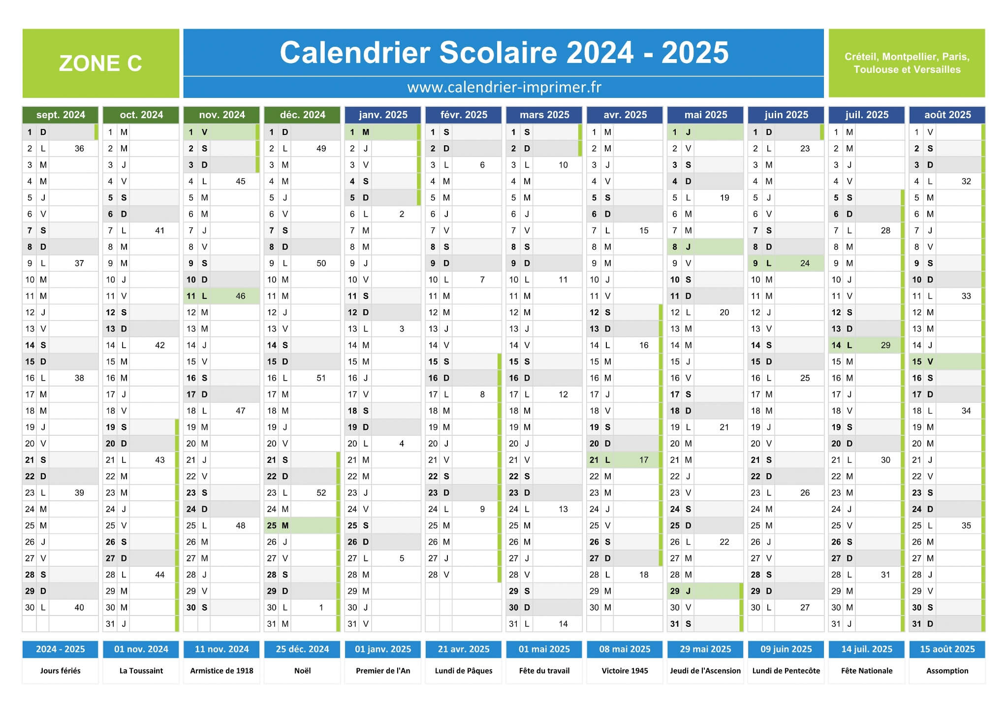 Calendrier Scolaire 2024-2025 À Imprimer | Calendrier 2024 2025 Scolaire