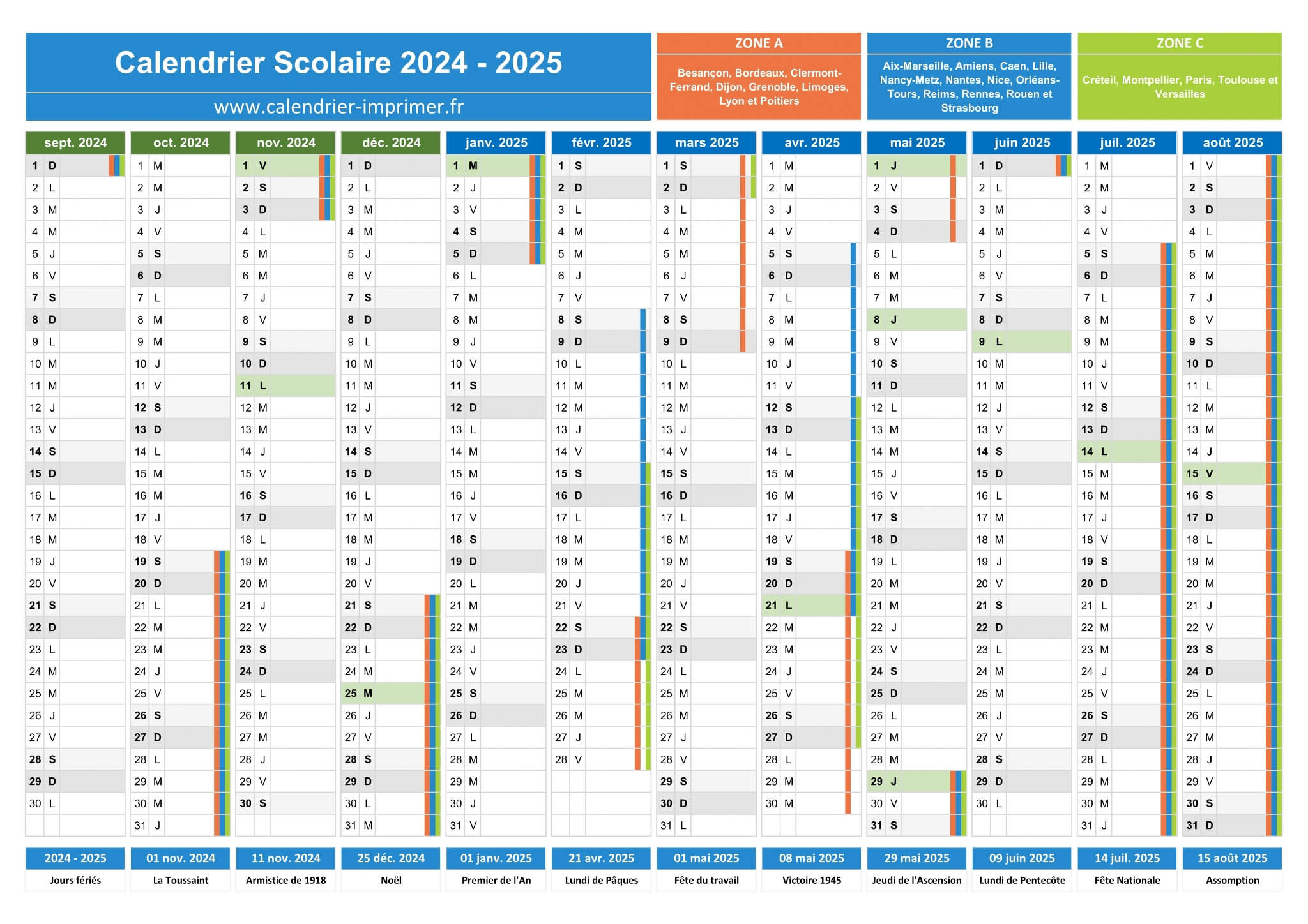 Calendrier Scolaire 2024-2025 À Imprimer | Calendrier 2024 2025