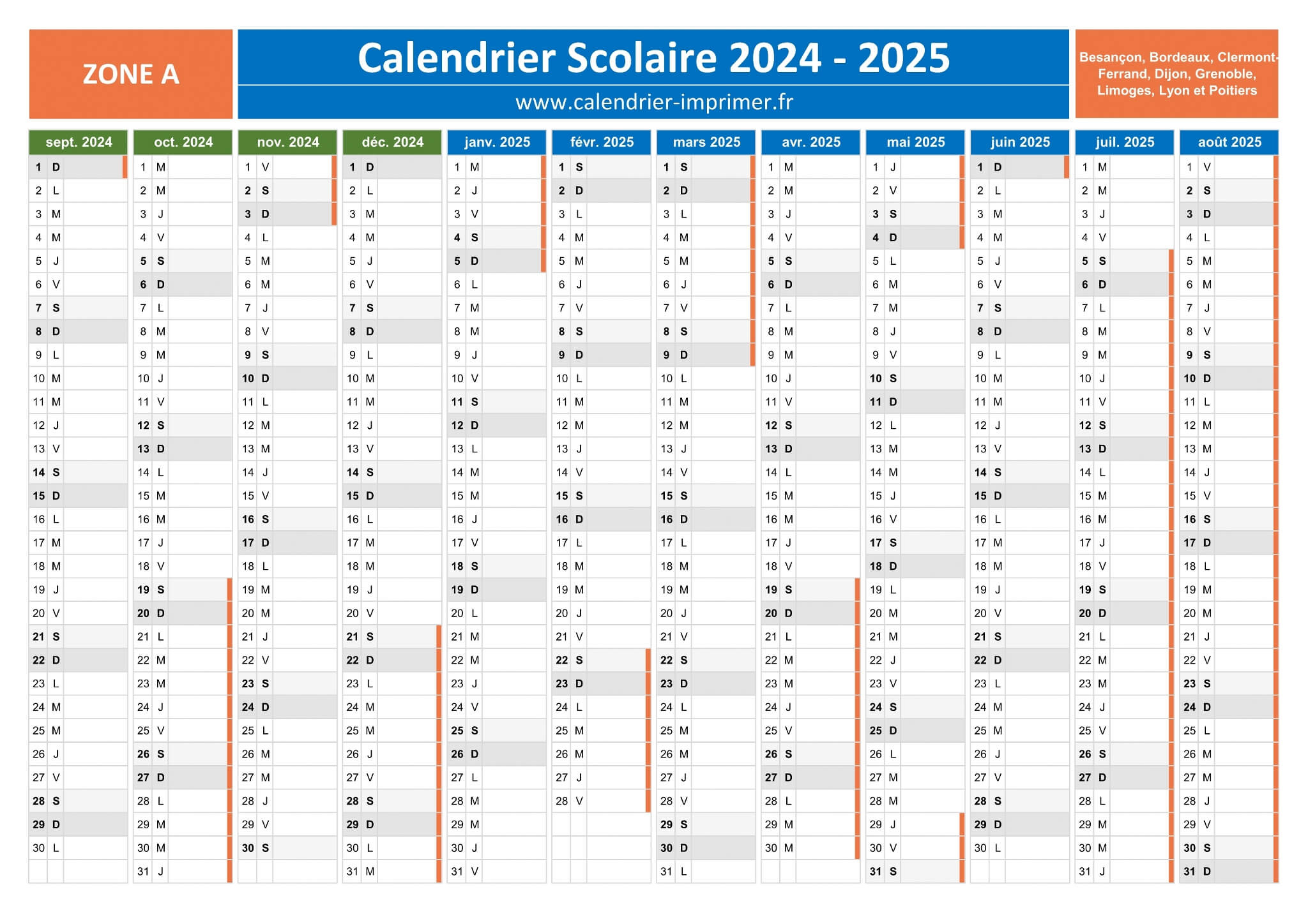 Calendrier Scolaire 2024-2025 À Imprimer | Calendrier 2024 Scolaire 2025 A Imprimer