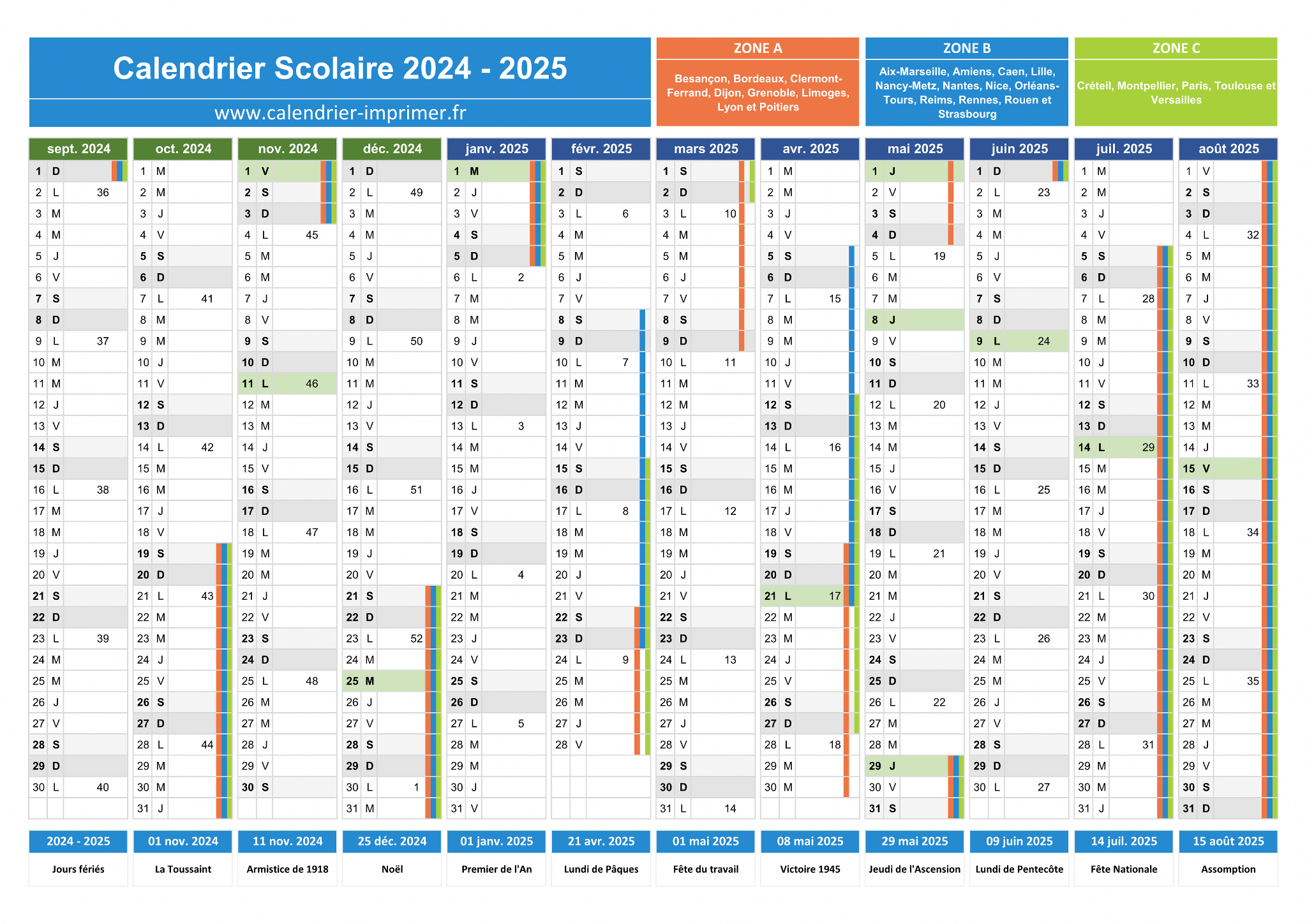 Calendrier Scolaire 2024-2025 À Imprimer | Calendrier 2024 Scolaire 2025 Zone B