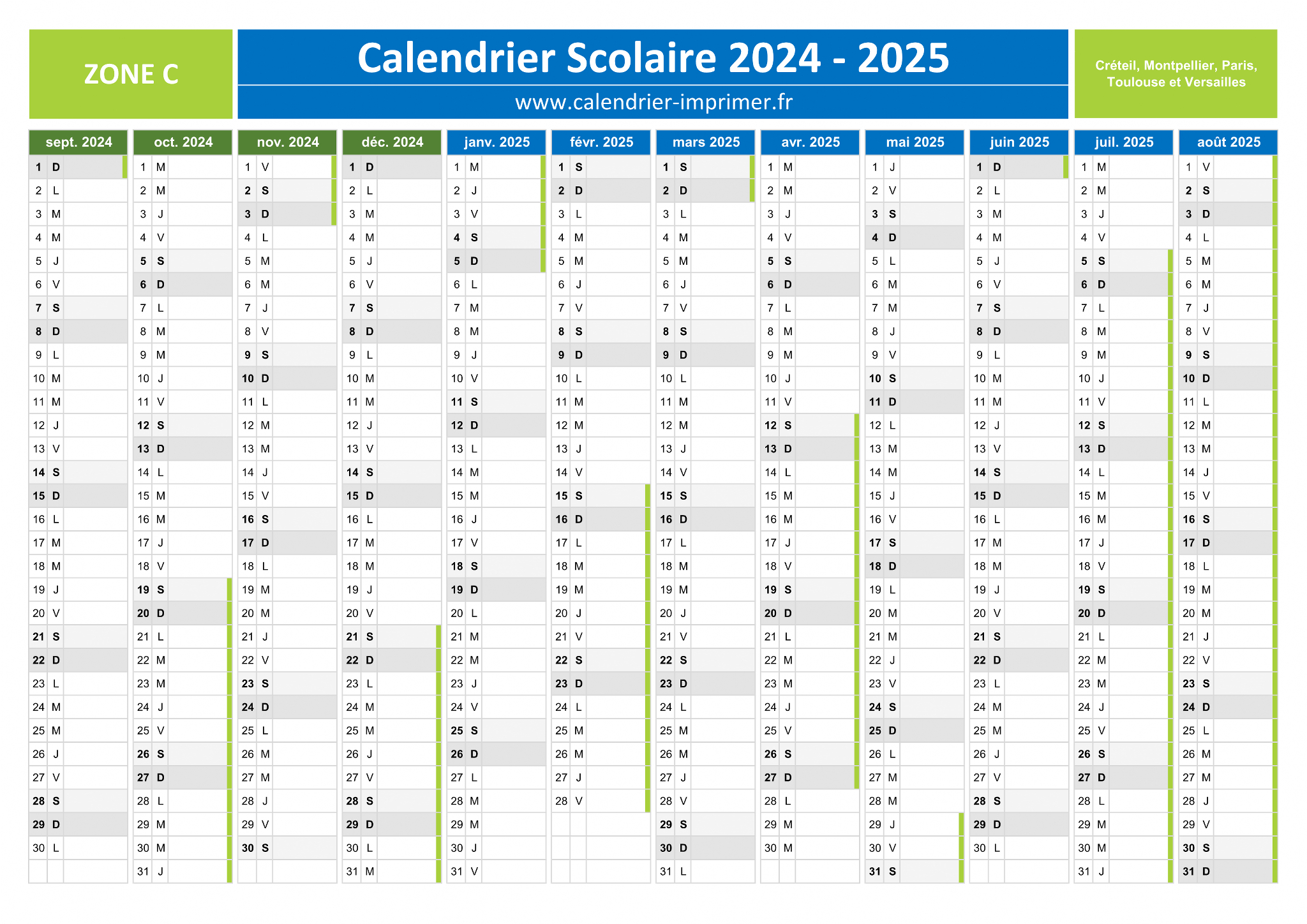 Calendrier Scolaire 2024-2025 À Imprimer | Calendrier 2025 Gratuit Vacances Scolaires