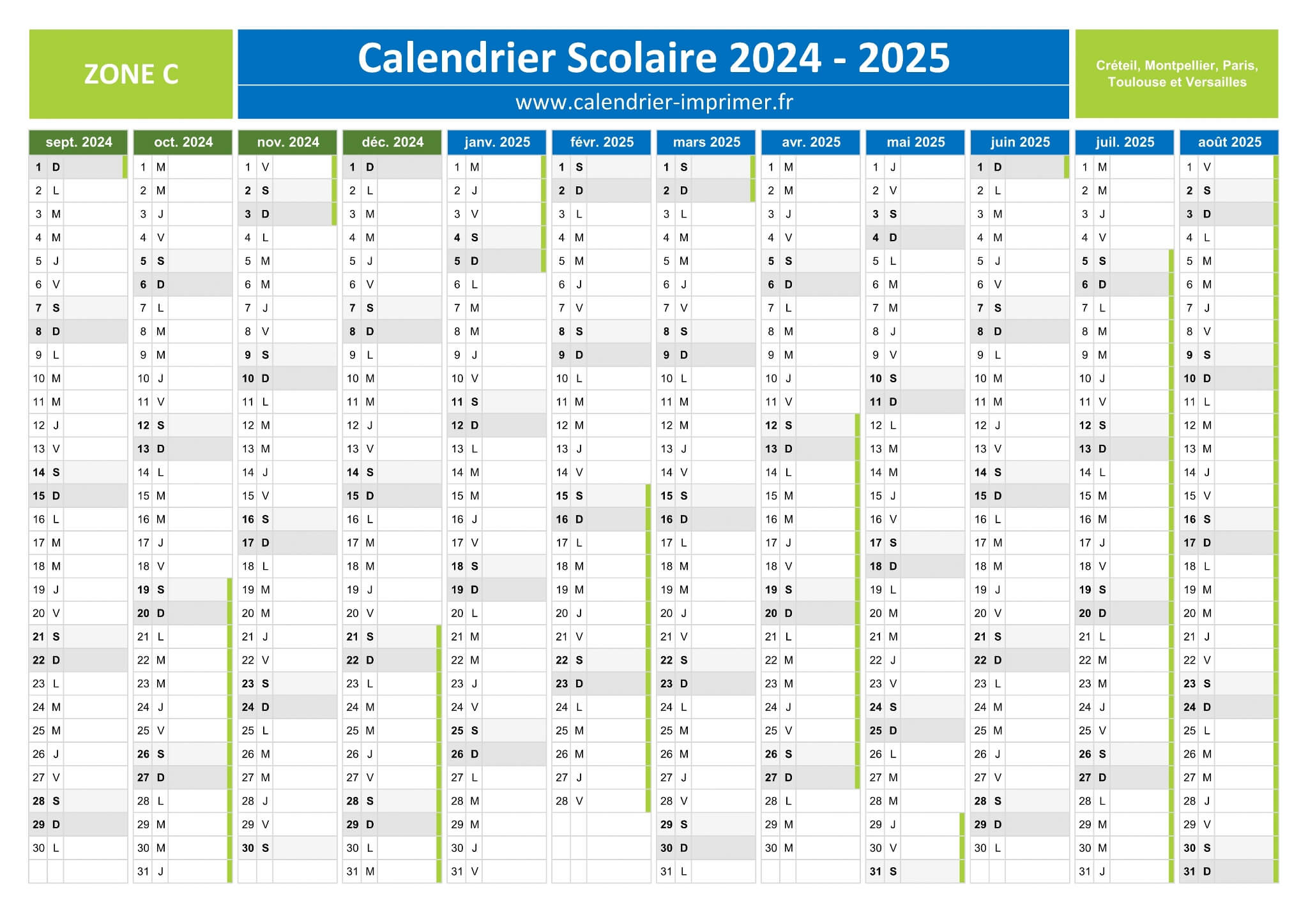 Calendrier Scolaire 2024-2025 À Imprimer | Calendrier Scolaire 2024 2025 Zone C