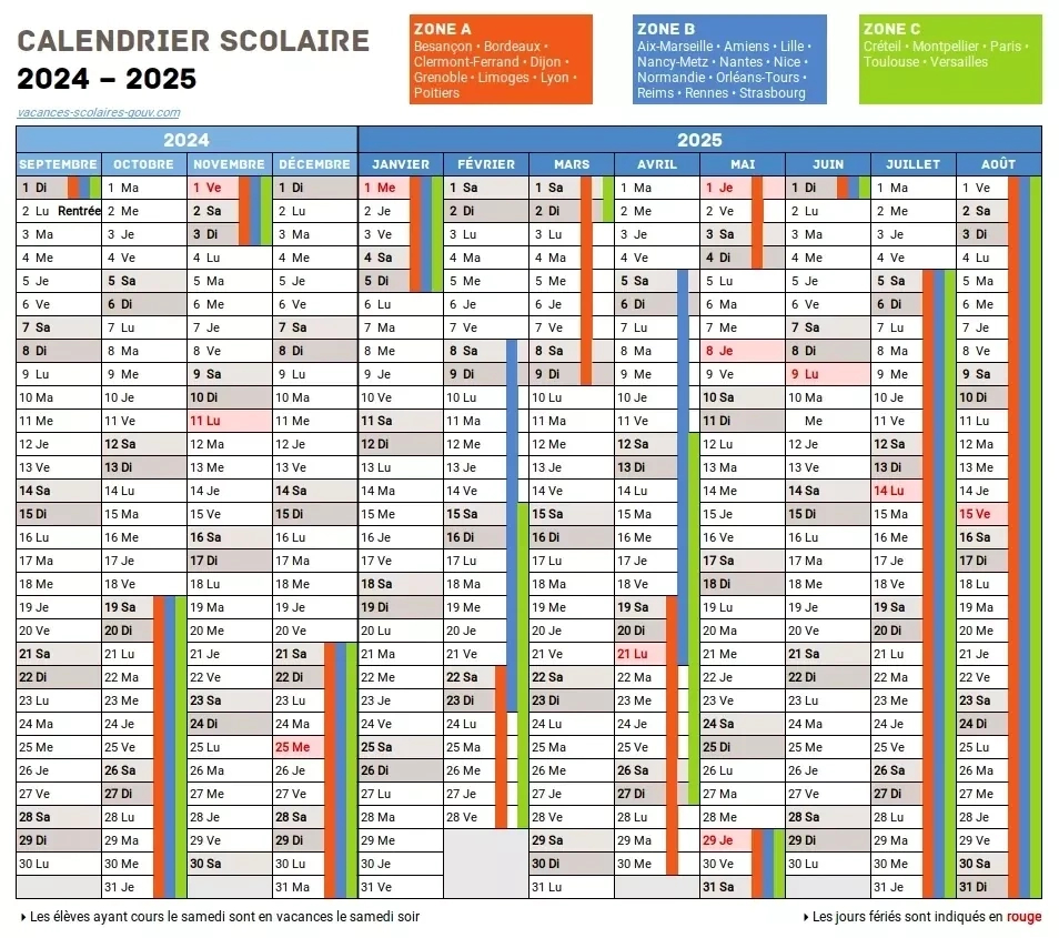 Calendrier Scolaire 2024-2025 ≡ Dates Officielles Des Vacances | 2024 Calendrier 2025 Avec Jours Fériés Vacances Scolaires à Imprimer