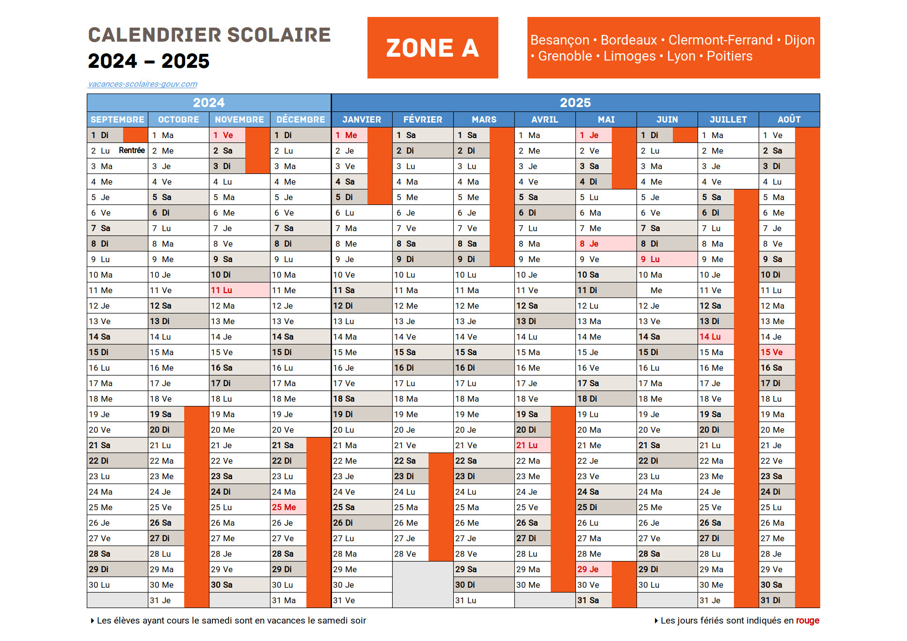 Calendrier Scolaire 2024-2025 ≡ Dates Officielles Des Vacances | Calendrier 2024 2025 Zone A