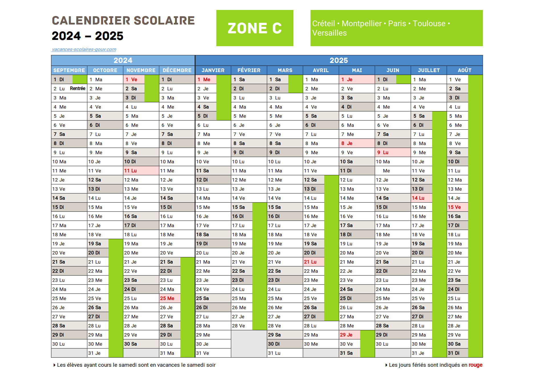 Calendrier Scolaire 2024-2025 ≡ Dates Officielles Des Vacances | Calendrier Scolaire 2024 2025 Zone C