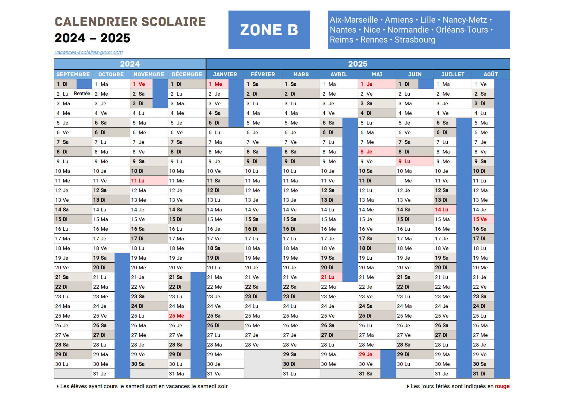 Calendrier Scolaire 2024-2025 ≡ Dates Officielles Des Vacances | Calendrier Universitaire Bordeaux 2024 2025