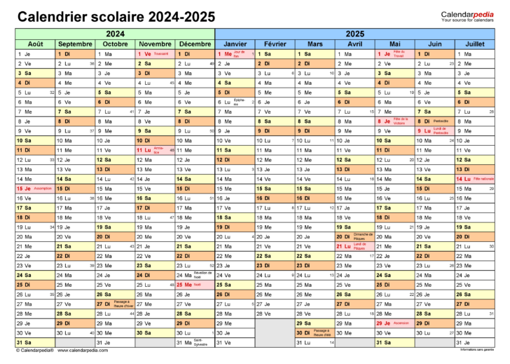 Calendrier Septembre 2024 à Aout 2025