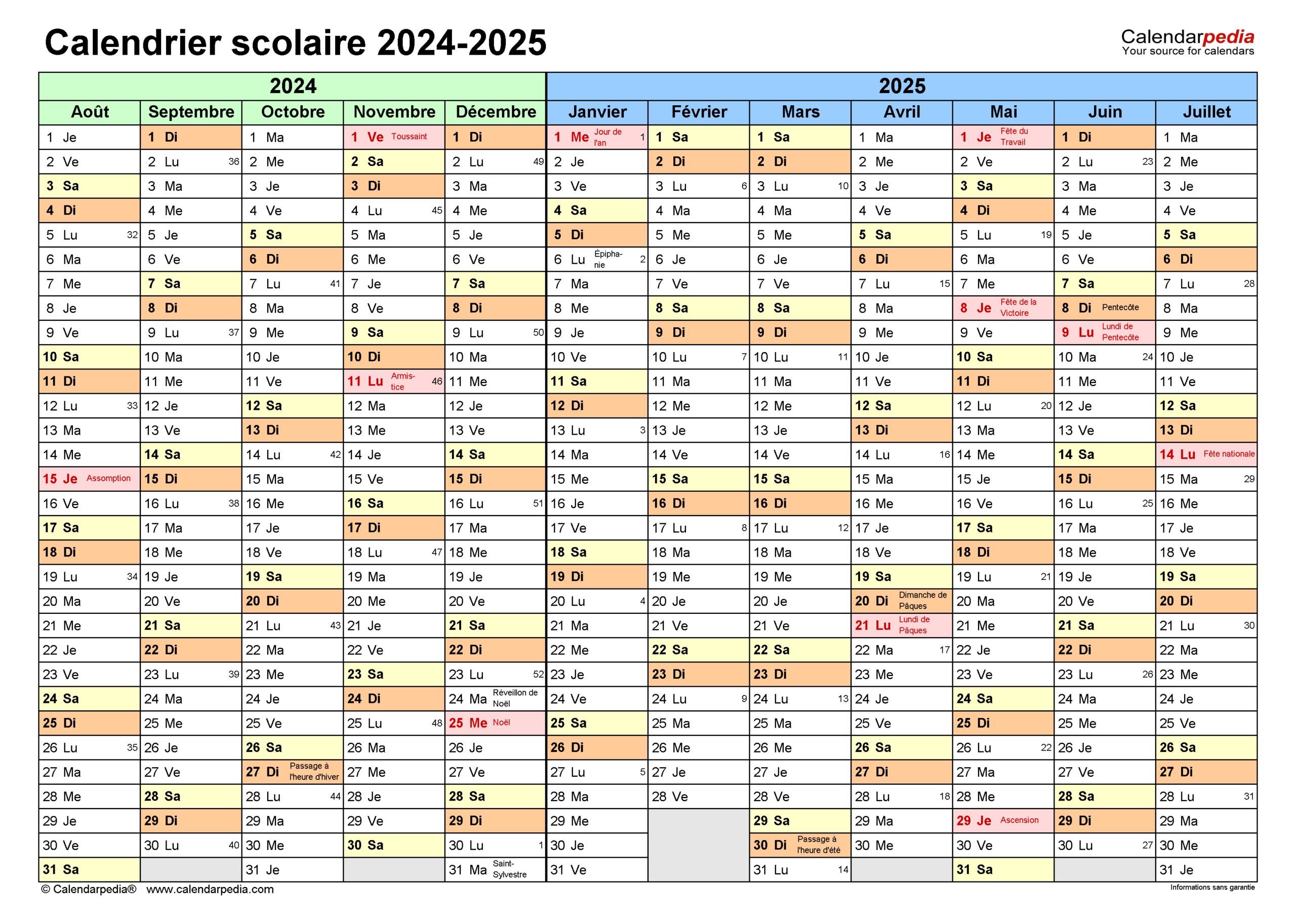 Calendrier Septembre 2024 à Aout 2025 Calendrier 2025