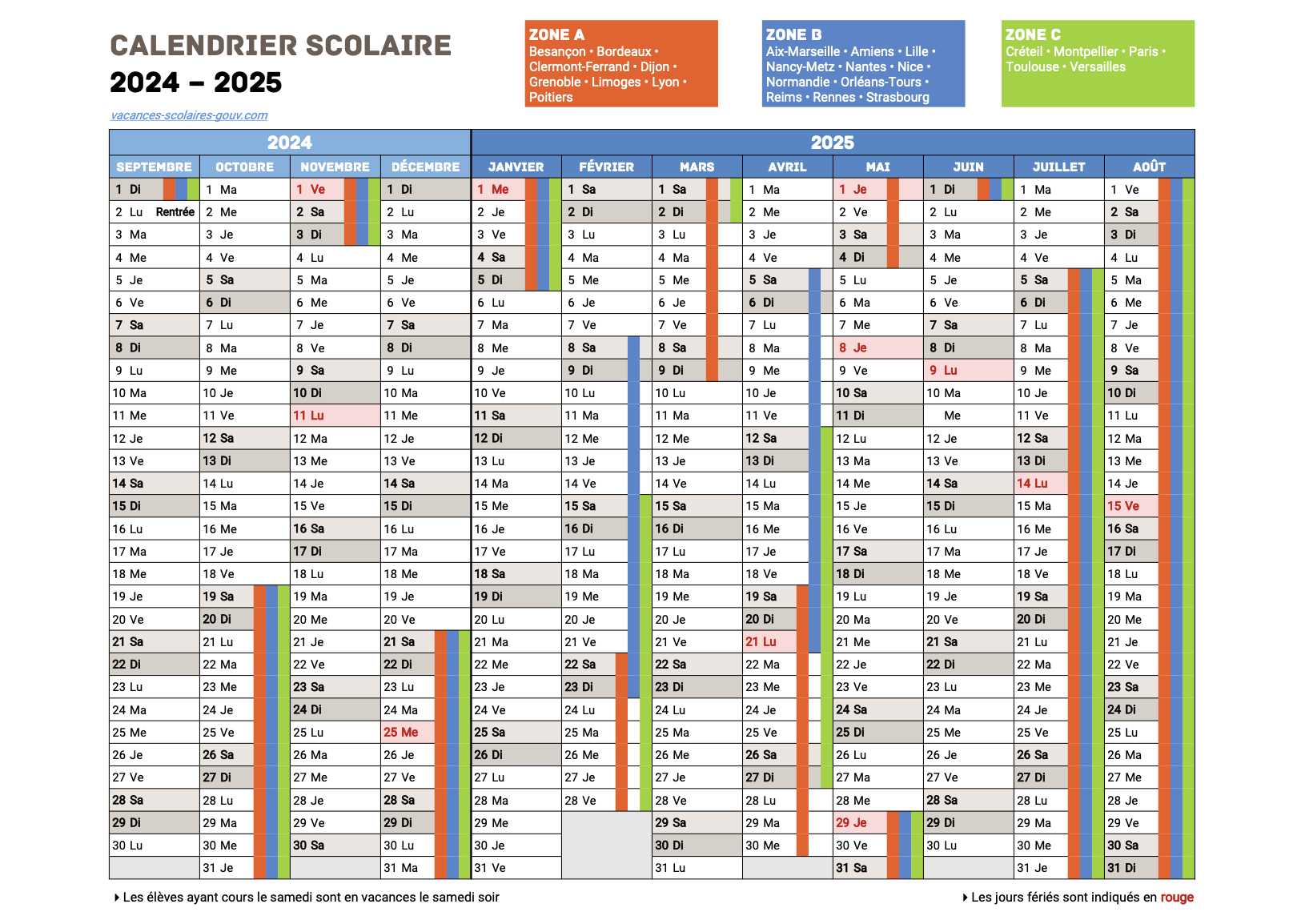 Calendrier Scolaire 2024-2025 – #S2Dé | Calendrier 2024 2025 Pour La Classe