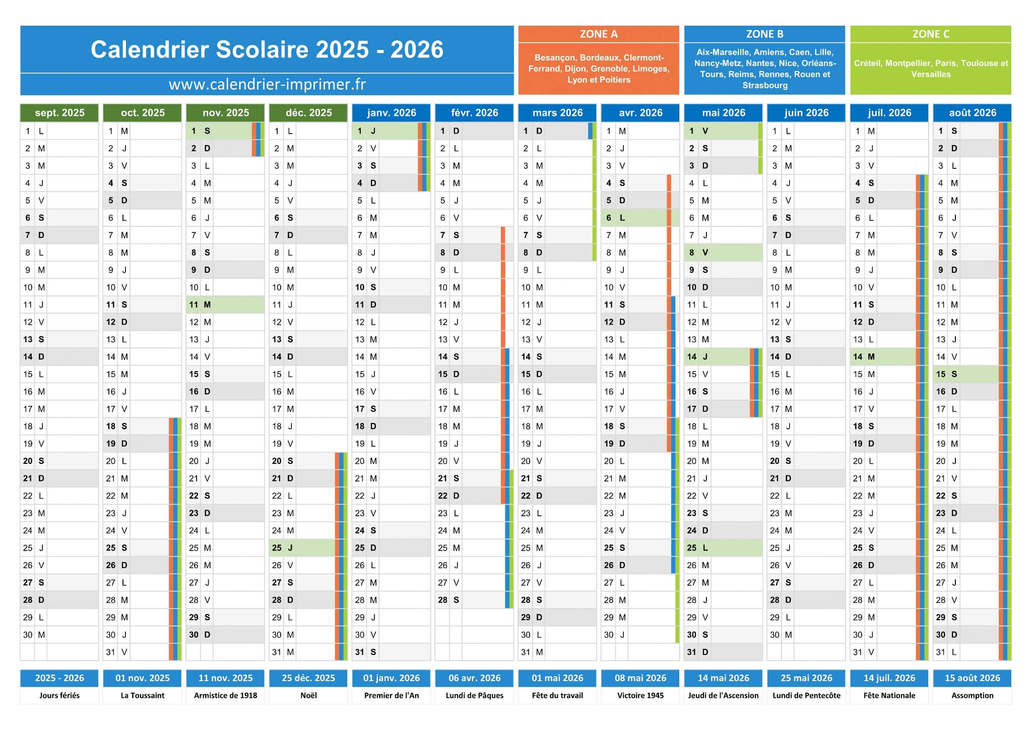 Calendrier Scolaire 2025-2026 À Imprimer | 2025 Calendrier 2026 Avec Jours Fériés Vacances Scolaires à Imprimer