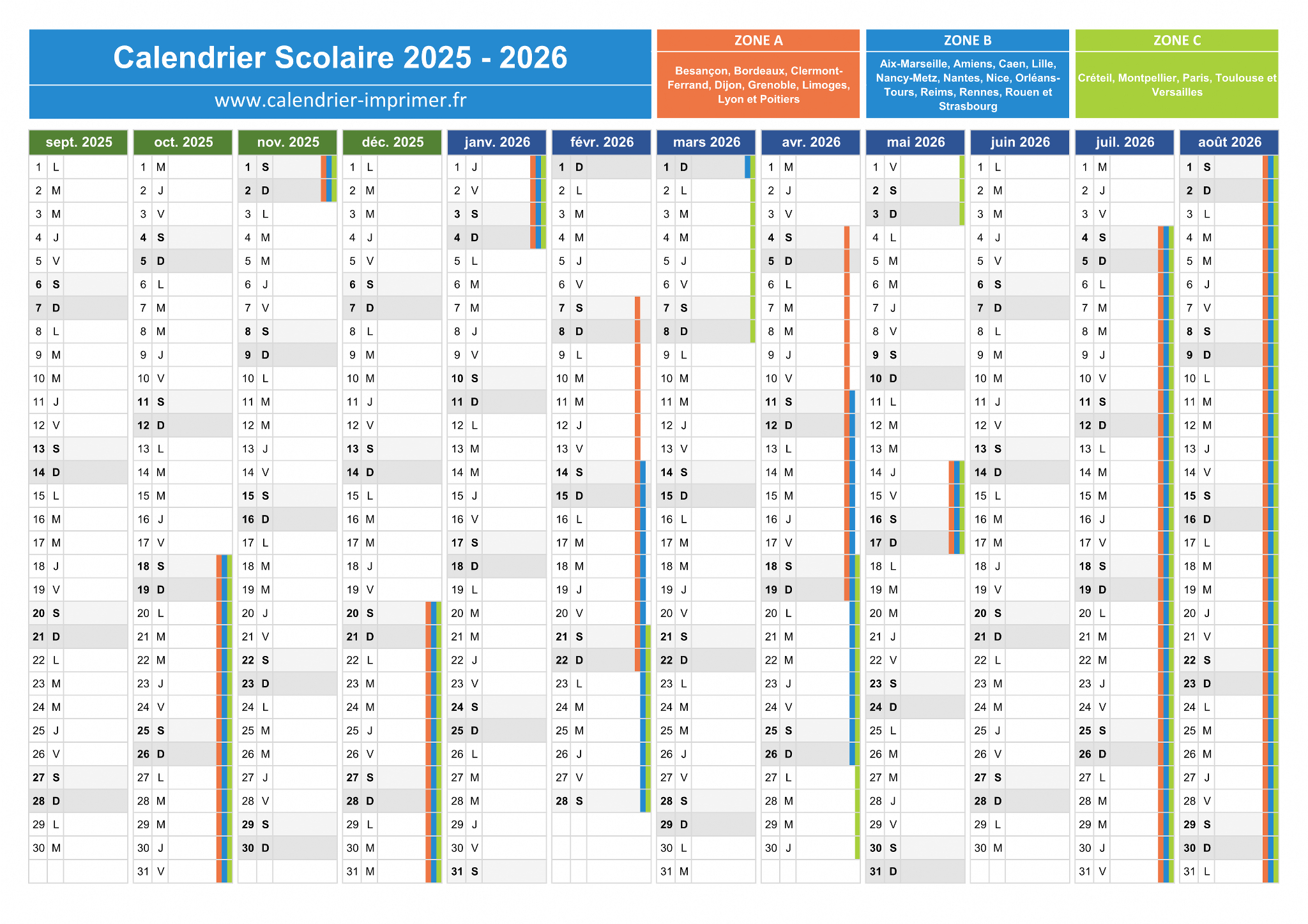 Calendrier Scolaire 2025-2026 À Imprimer | Calendrier Scolaire 2025 2026