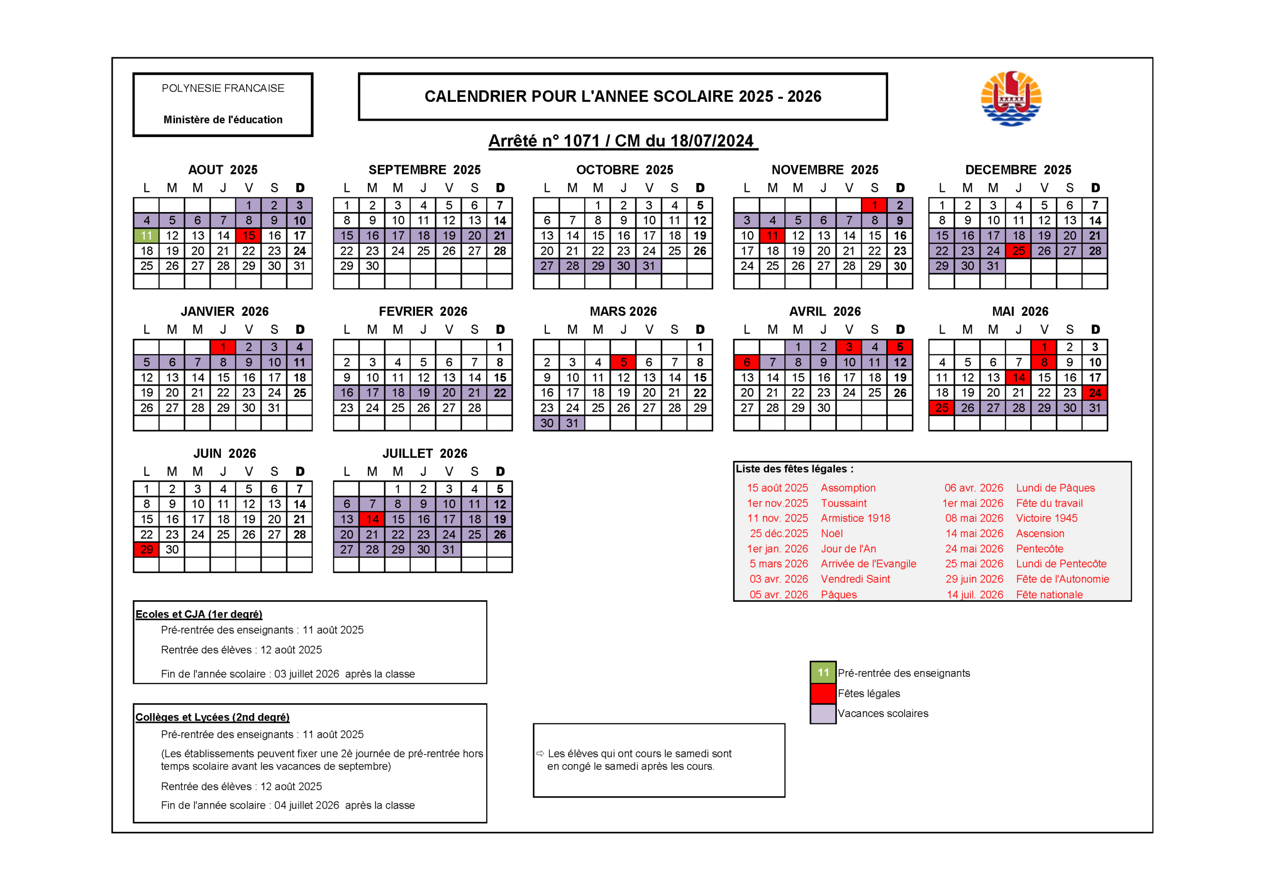 Calendrier Scolaire 2025-2026 – Direction De L&amp;#039;Éducation Et Des | Calendrier Scolaire 2025 2026 Tahiti