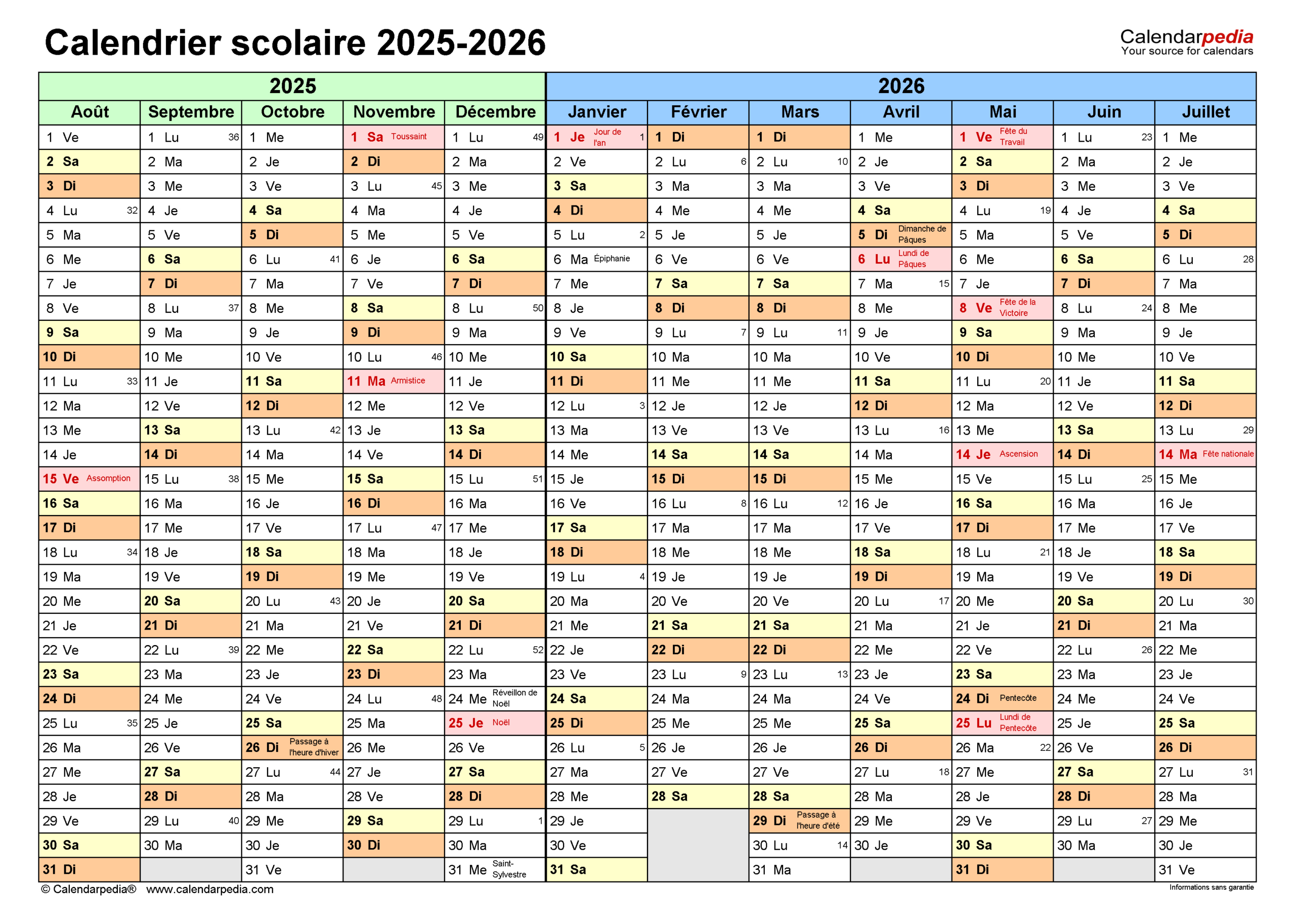 Calendrier Scolaire 2025-2026 Excel, Word Et Pdf - Calendarpedia | Calendrier Scolaire 2025 2026 Belgique