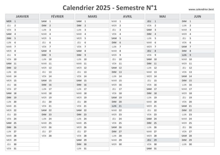 Calendrier Semestre 2025