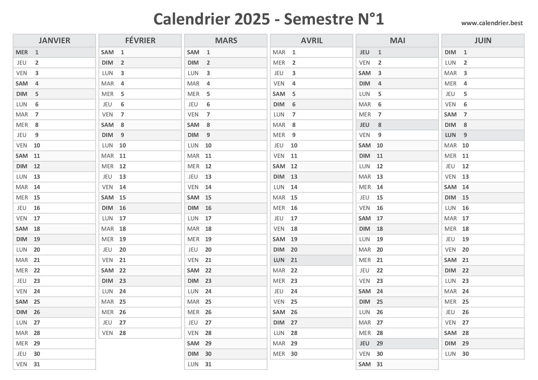 Calendrier Semestriel 2025 À Imprimer Pour Le 1Er Et Le 2Ème | Calendrier Semestre 2025