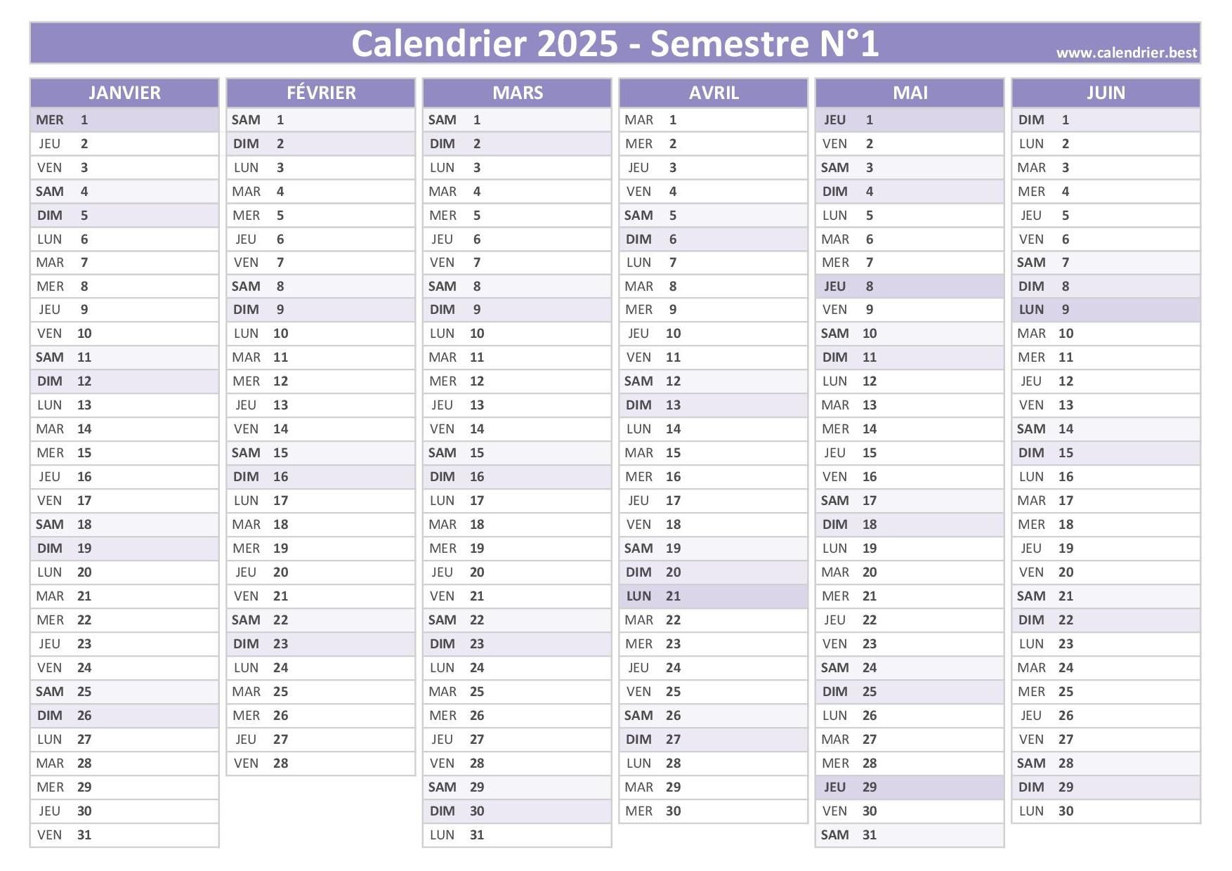 Calendrier Semestriel 2025 À Imprimer Pour Le 1Er Et Le 2Ème | Calendrier Semestriel 2025 À Imprimer Gratuit