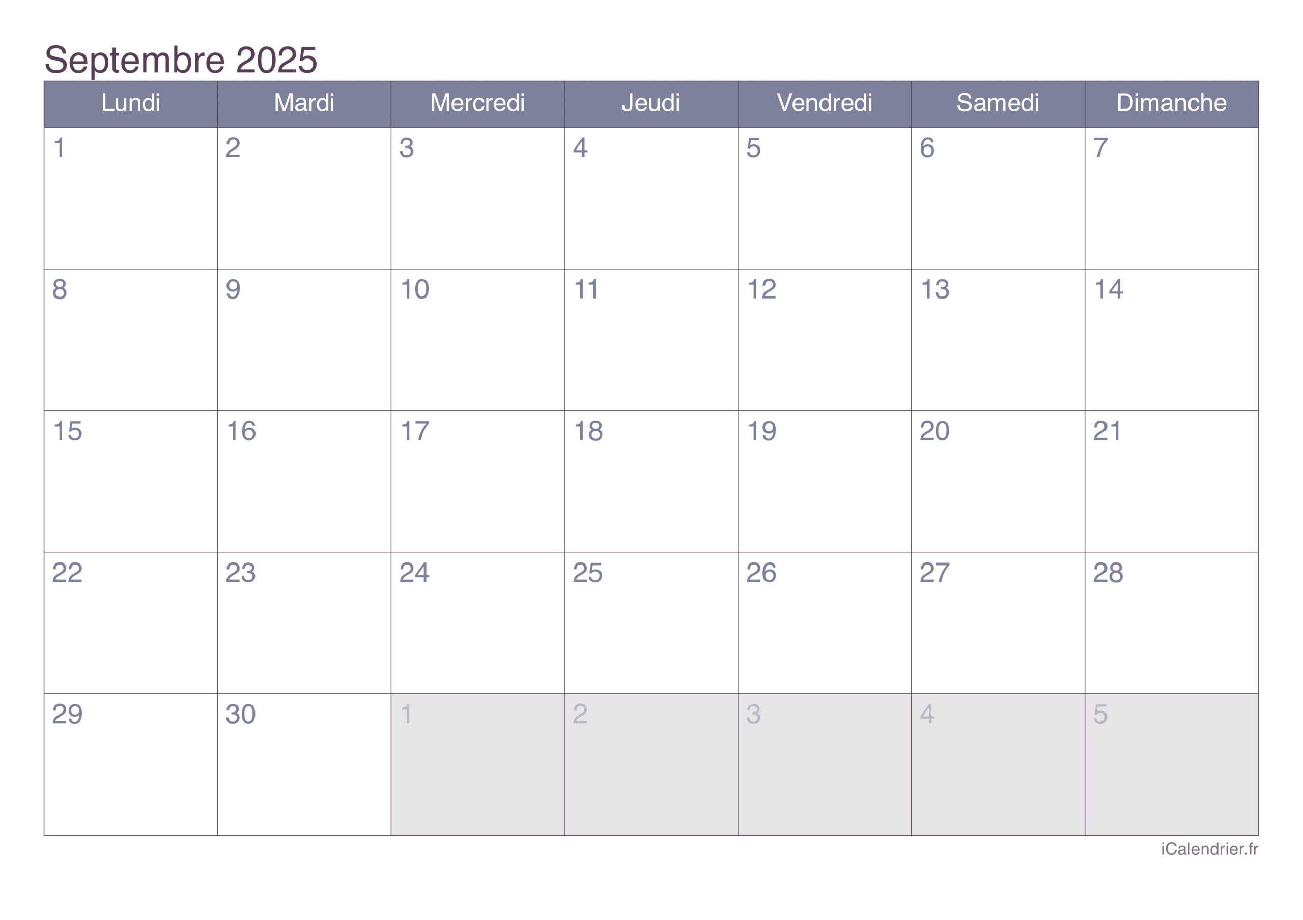 Calendrier Septembre 2025 À Imprimer | Septembre 2025 Calendrier