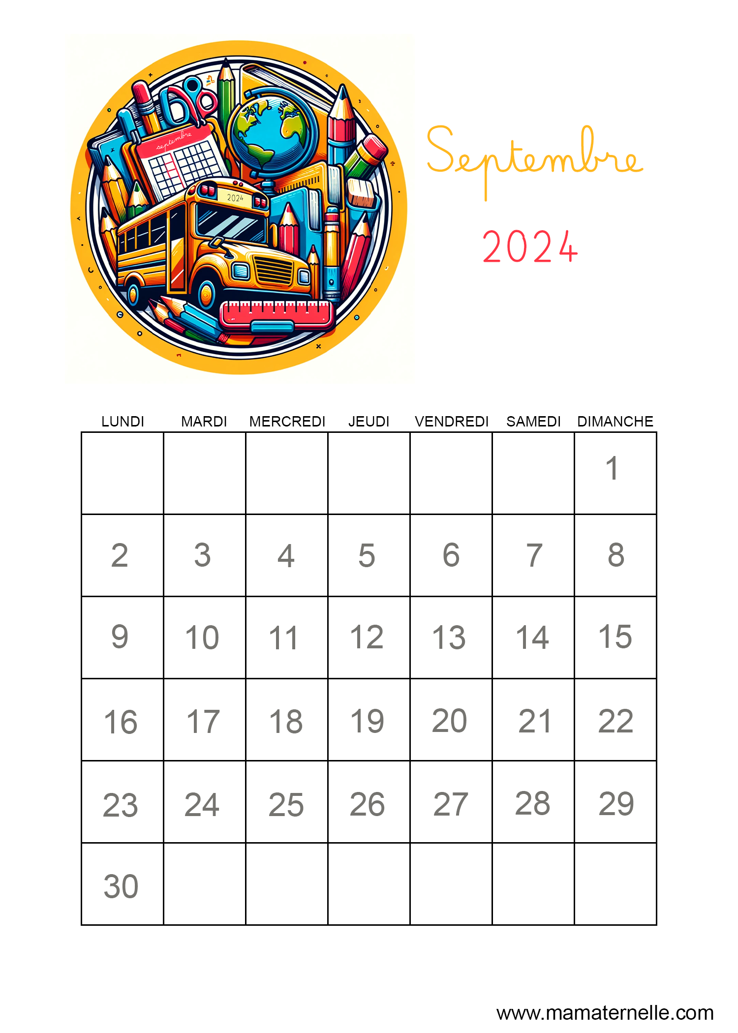 Calendriers 2024-2025 | Calendrier 2024 2025 Maternelle