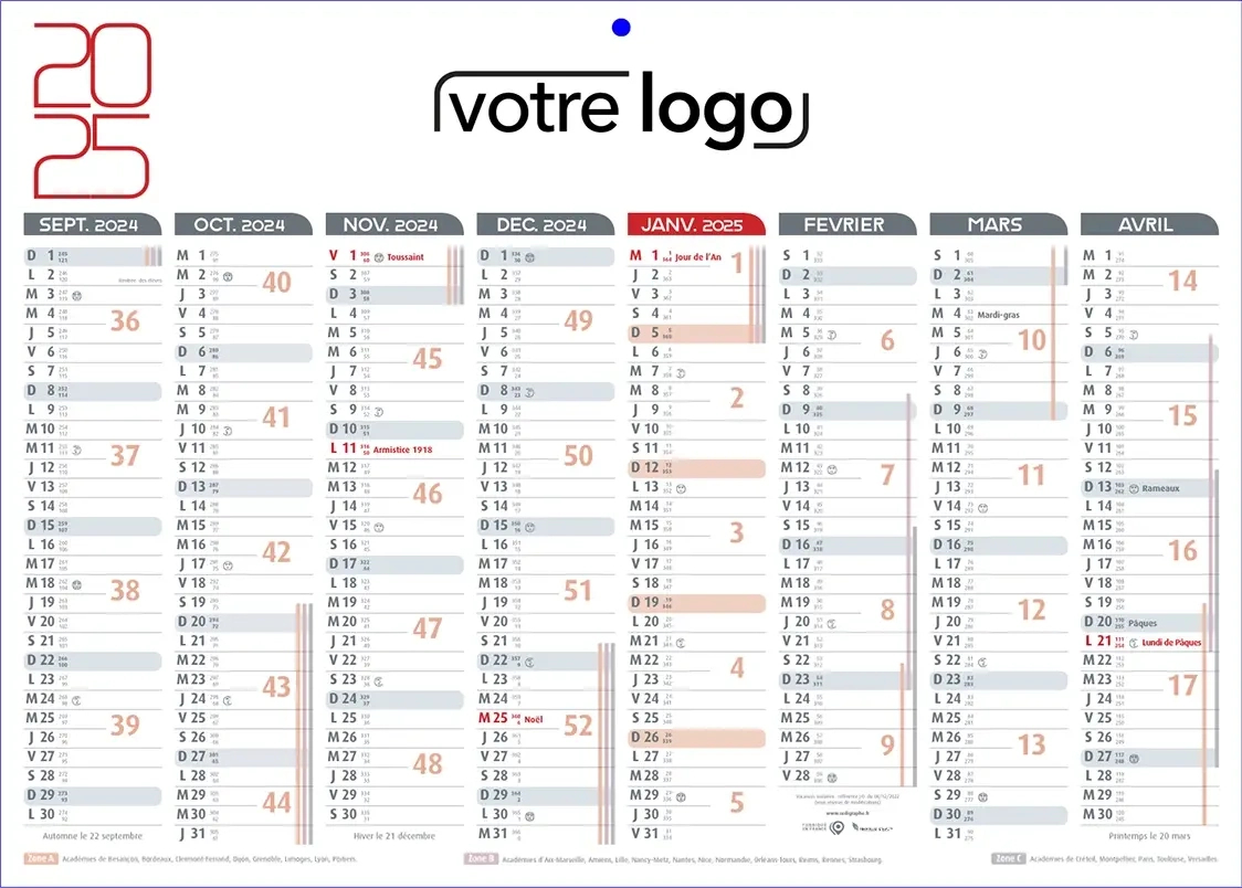 Calendriers Scolaire Bancaire 16 Mois 2 Faces Classique Gris Et Rouge | Calendrier 2024 2025 Personnalisé