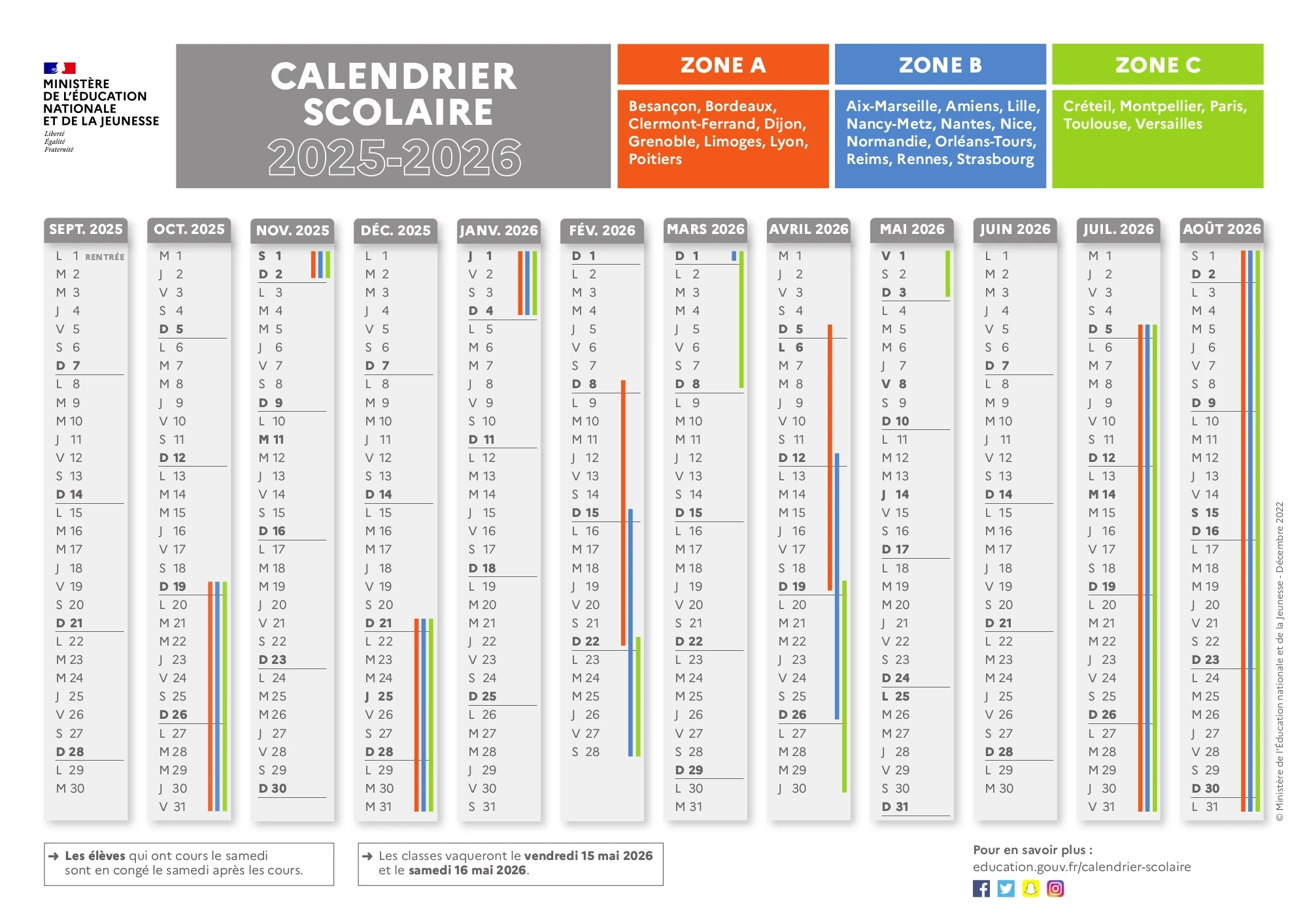 Calendriers Scolaires Officiels À Imprimer | Calendrier Scolaire 2025 2026 Officiel