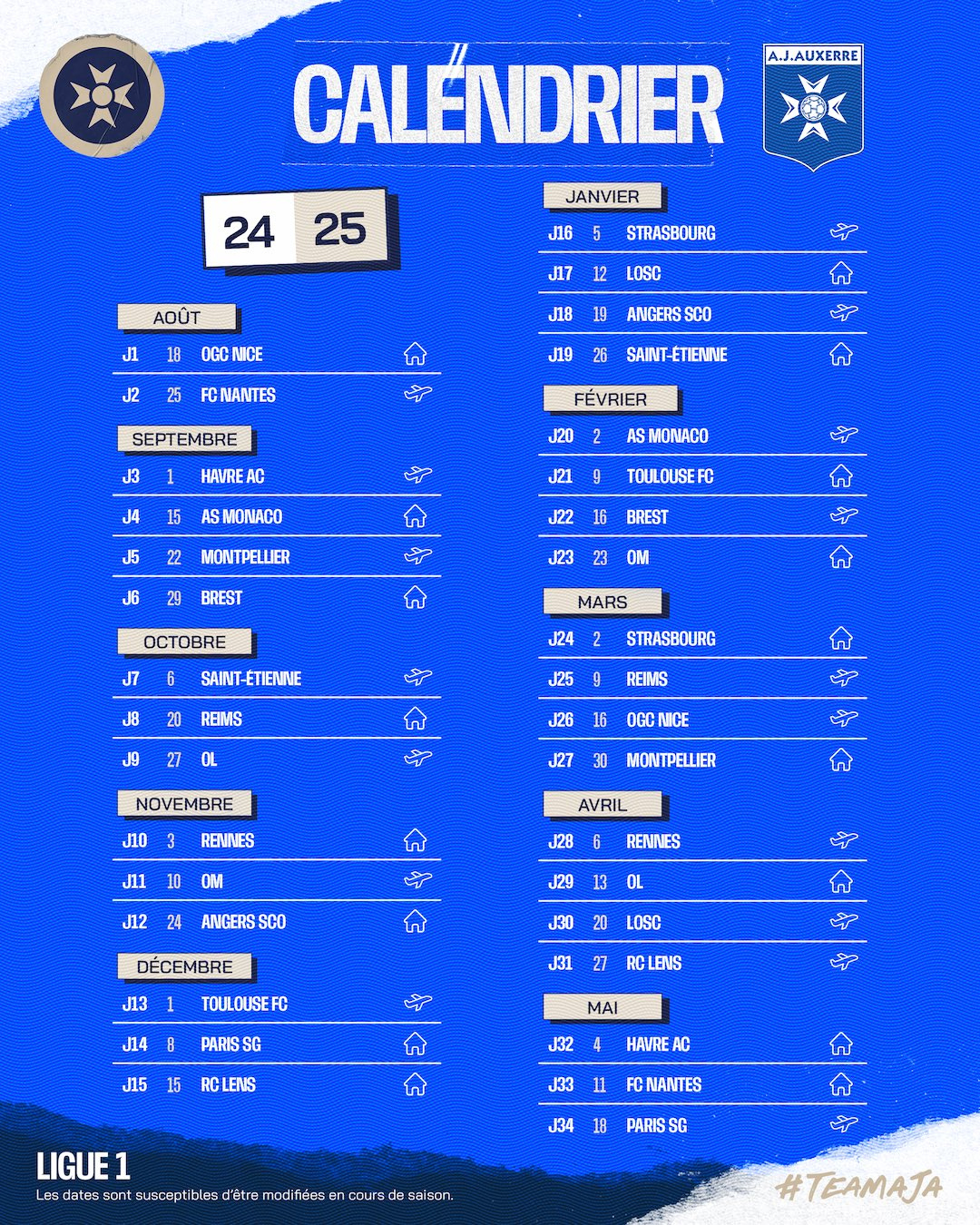 Découvrez Le Calendrier 2024-2025 De L&amp;#039;Aja | Calendrier 2024 2025 Ligue 1