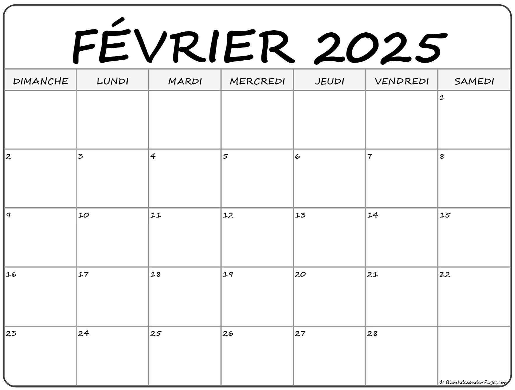 Février 2025 Calendrier Imprimable | Calendrier Février 2025