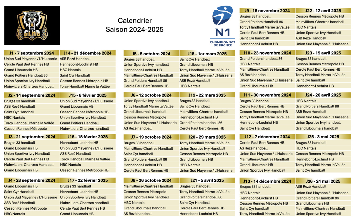 Grand Libournais Handball. Le Calendrier De La Saison 2024/2025 | Calendrier Handball 2024 2025 N1