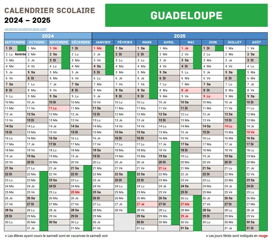 Guadeloupe • Calendrier Scolaire 2024-2025 Officiel + 2024 &amp;amp; 2026 | Calendrier 2025 Avec Jours Fériés Guadeloupe