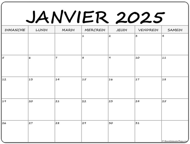 Calendrier Janvier 2025