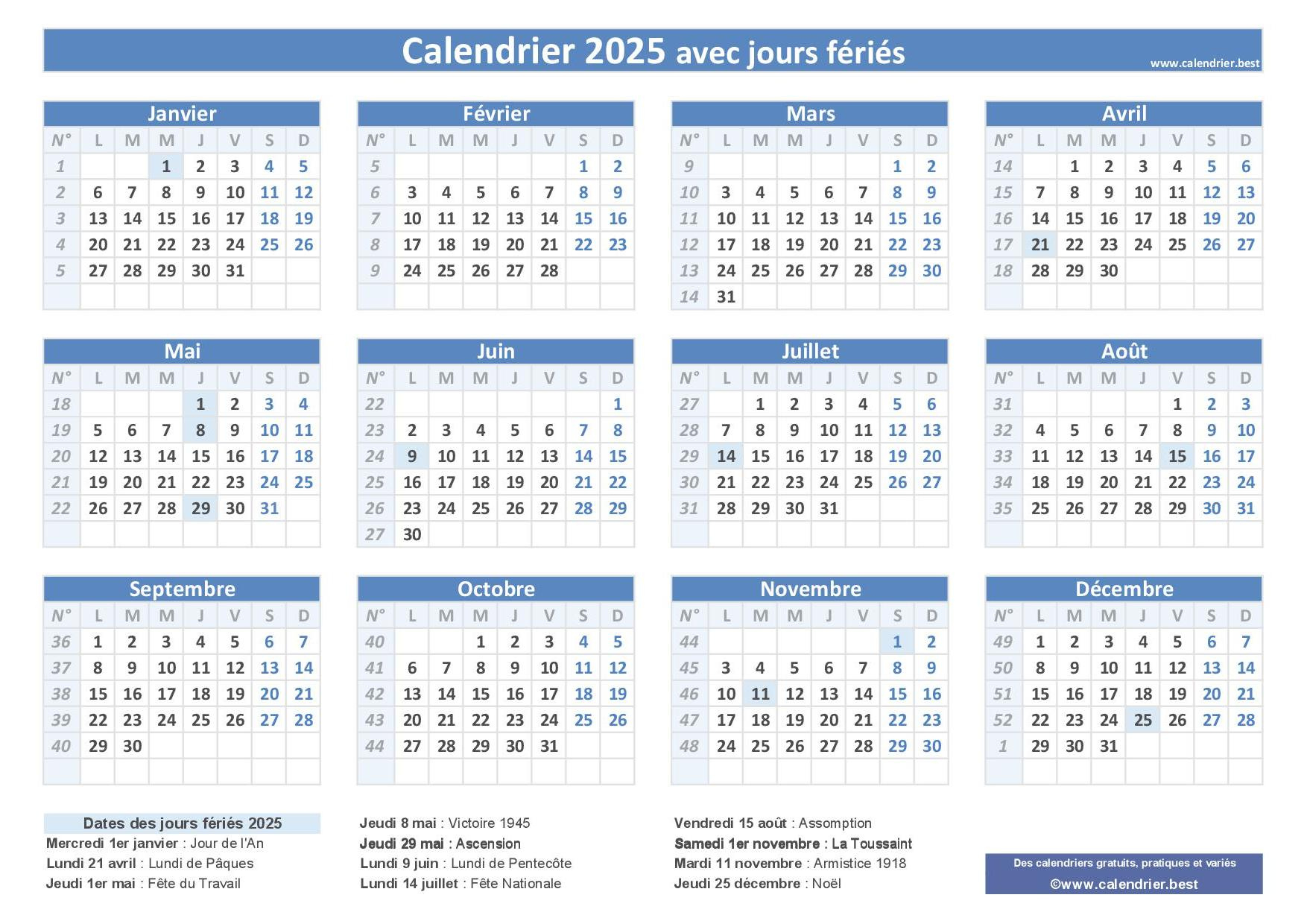 Jours Fériés 2025 En France : Dates Et Calendriers 2025 Avec Jousr | Calendrier 2025 Avec Jours Fériés Vacances Scolaires