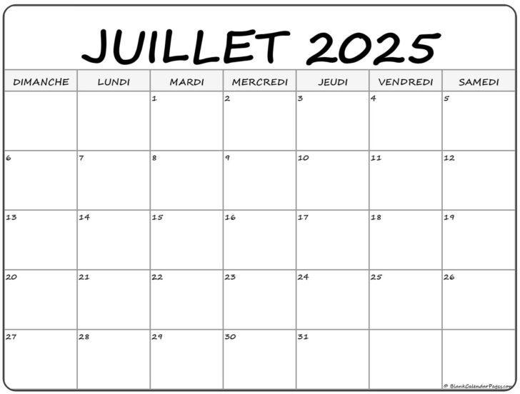 Calendrier Juillet 2025