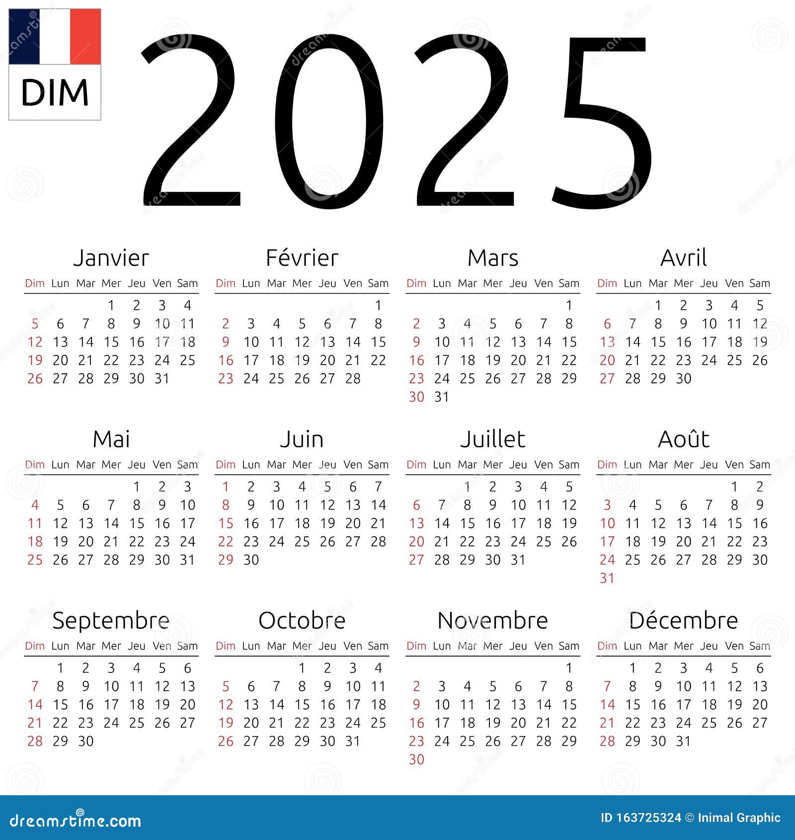 Kalender 2025, Französisch, Sonntag Vektor Abbildung | Calendrier 2025 Francais