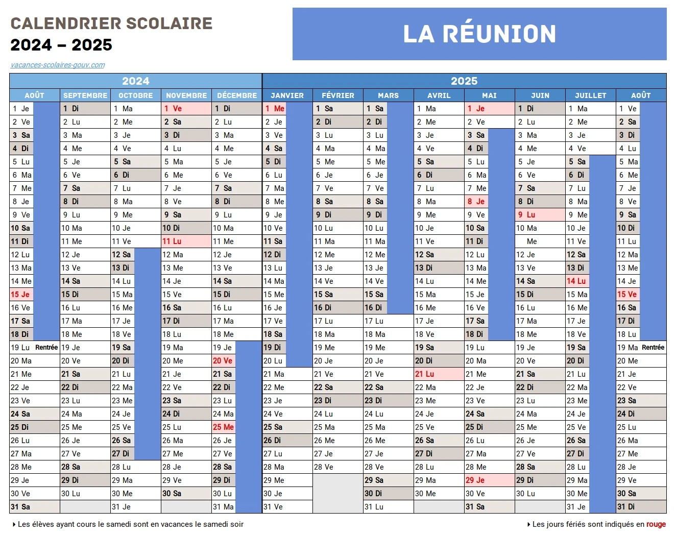 La Réunion • Calendrier Scolaire 2024-2025 Officiel + 2025 &amp;amp; 2026 | Calendrier 2025 Réunion