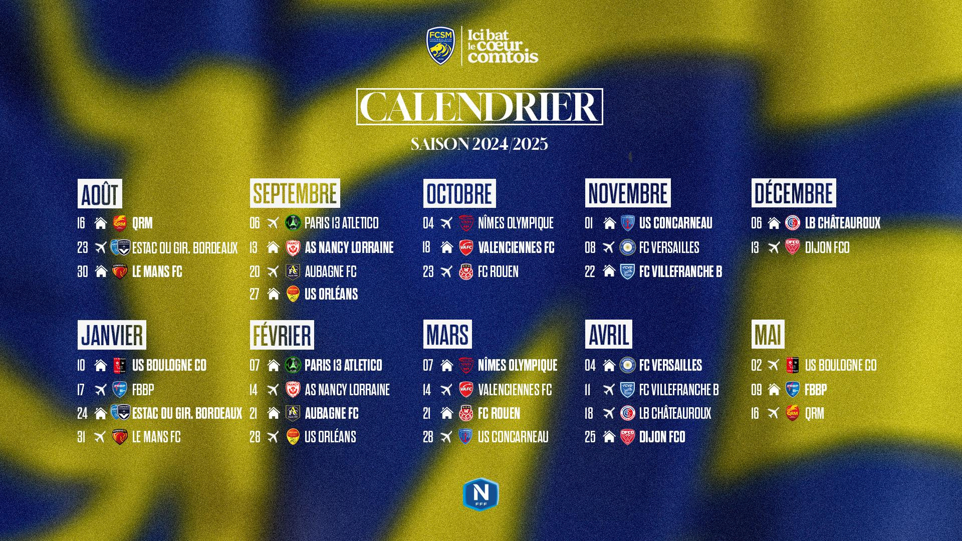 Le Calendrier 2024/2025 Du Fcsm En National | Calendrier National 1 2024 2025