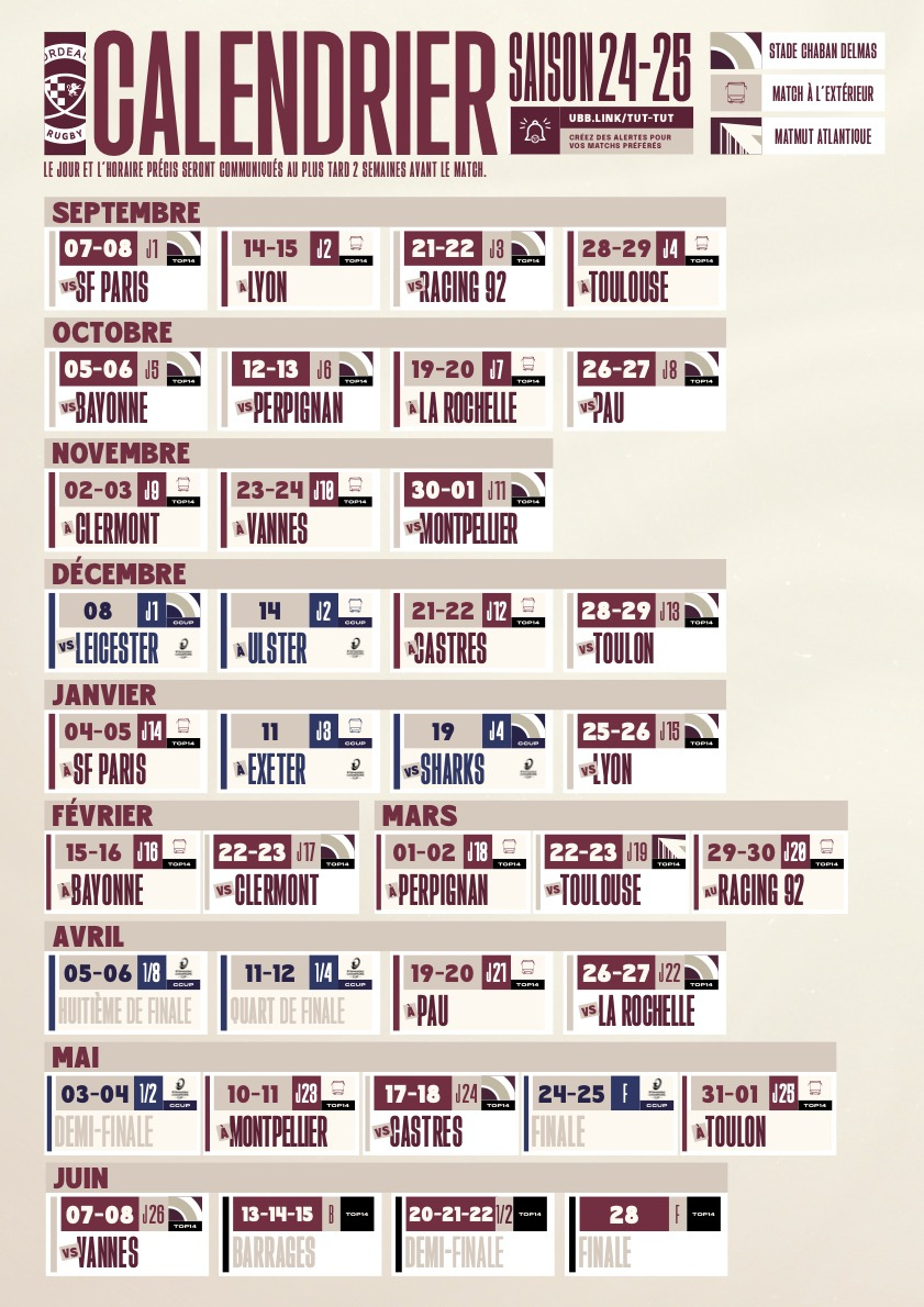 Le Calendrier Complet De La Saison 2024-2025 - Actualités - Union | Calendrier Ubb 2024 2025