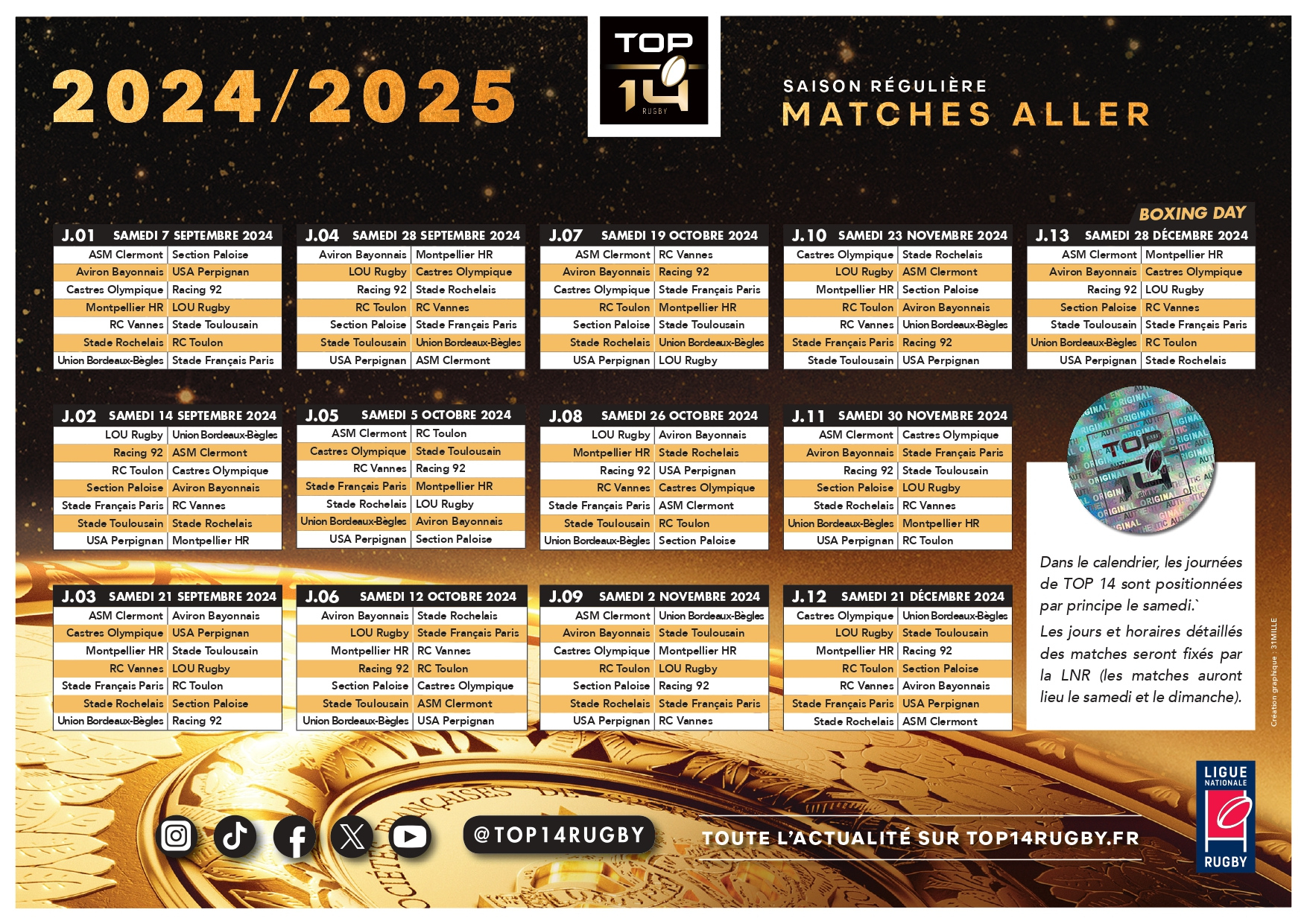 Le Calendrier Du Top 14, Édition 2024/25, Est Connu ! - Rugby Club | Calendrier Aviron Bayonnais 2024 2025