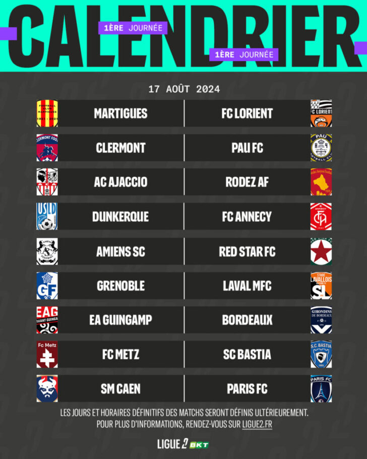 Calendrier Ligue 2 2024 2025