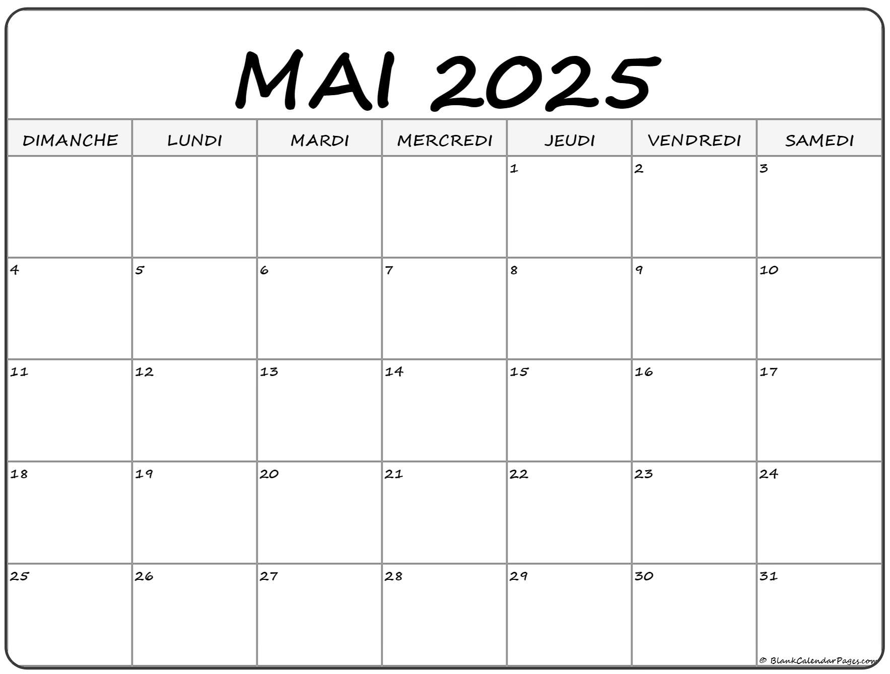 Mai 2025 Calendrier Imprimable | Calendrier Gratuit | Calendrier Mai 2025