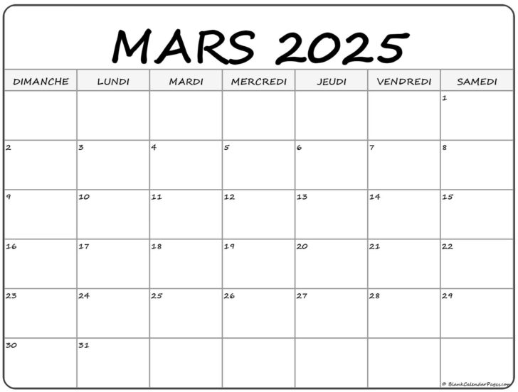 Calendrier Mars 2025